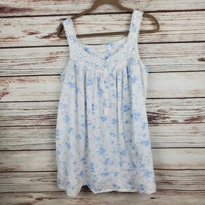 Eileen West Womens Medium White w/ Blue Flowers Cotton Sleeveless Short Gown